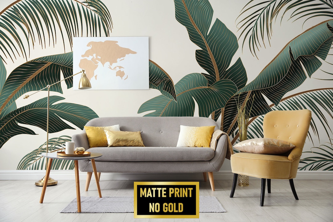 Ivory Art Deco Tropical Wallpaper With Dark Green Banana and Palm ...