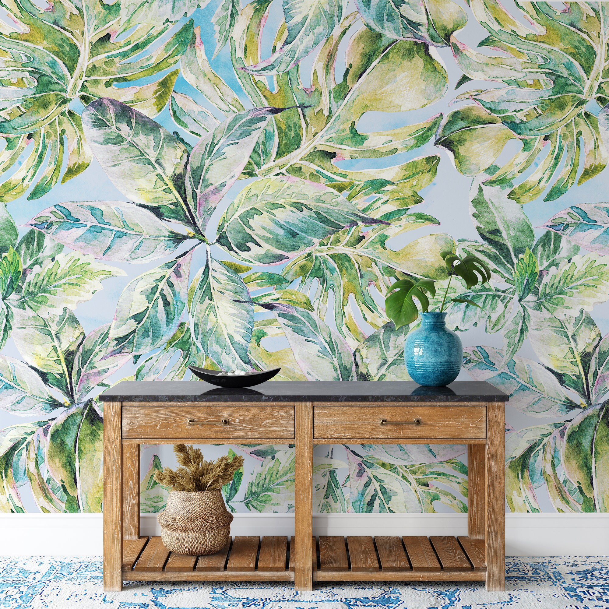 Watercolor Blue & Green Tropical Leaves Botanical Wallpaper | Self ...