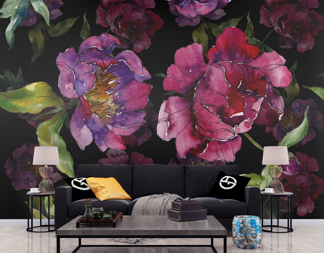 Big Dark Watercolor Red & Purple Peony Wall Mural, Botanical Floral ...