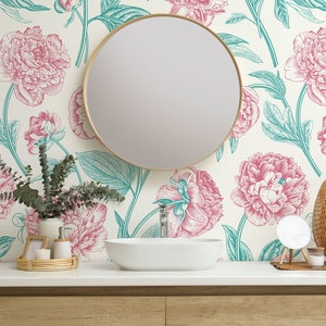 Peony Pattern Retro Wallpaper, Floral Print, Pink Flowers Wallpaper • Peel and Stick *self adhesive* or Non-Pasted Vinyl Materials •