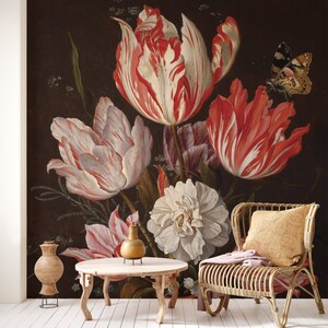 Old vintage dutch still life flowers, beautiful tulips and butterfly wallpaper | Self Adhesive | Peel & Stick | Removable