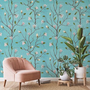 White Magnolia Flowers & Branches Wallpaper, Blue Watercolor Background • Peel and Stick *self adhesive* or Non-Pasted Vinyl Materials •