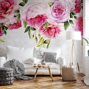 Pink Roses Light Concrete Wallpaper, Rose Print, Floral Wall Mural • Peel and Stick *self adhesive* or Non-Pasted Vinyl Materials •