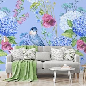 Blaue Aquarell-Blumentapete mit Vogel, wunderschönes botanisches Wandbild • Abziehen und Aufkleben *selbstklebend* oder nicht geklebte Vinylmaterialien •