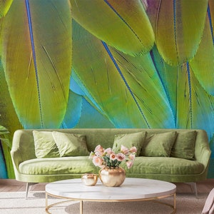 Green & Blue Feathers Photo Wallpaper, Exotic Bird Feather Wall Mural • Peel and Stick *self adhesive* or Non-Pasted Vinyl Materials •