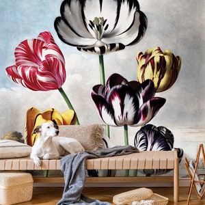 Papier peint avec des tulipes hollandaises peintes | Auto-adhésif | Peler et coller | Amovible