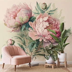 Pink Peony Flowers Wallpaper, Big Pink Floral Wall Mural • Peel and ...
