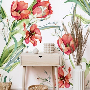 Aquarelltapete mit roten Tulpen und Blättern | Selbstklebend | Abziehen und aufkleben | Abnehmbar