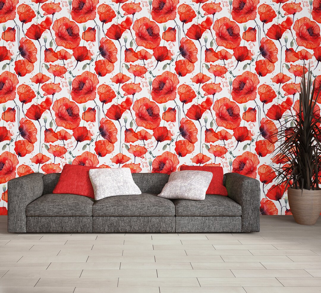 Watercolor Vivid Red Poppy Flower Pattern Wallpaper | Self Adhesive ...