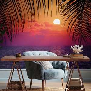 Red Sunset Paradisiac Wallpaper with Dark Palm Leaves and Purple Ocean • Peel and Stick *self adhesive* or Non-Pasted Vinyl Materials •