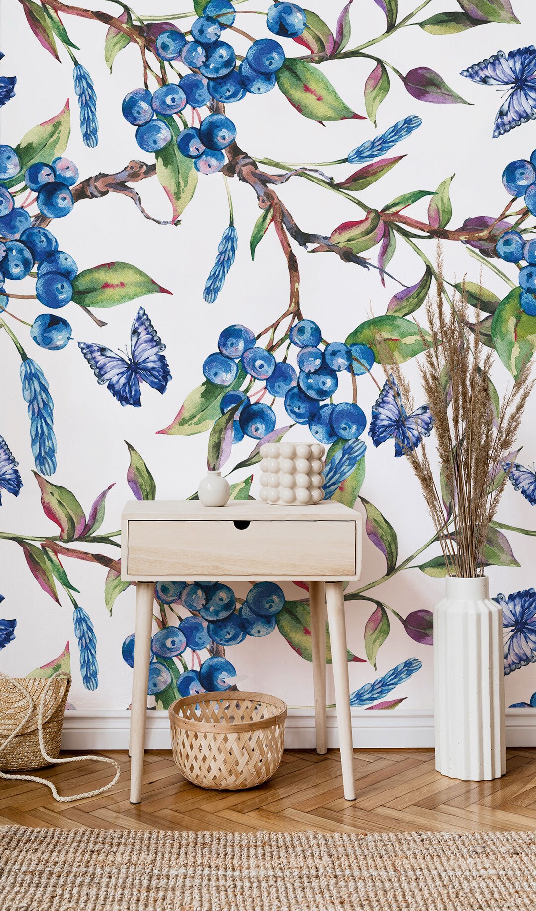 Blueberry and Butterfly Watercolor Botanical Wallpaper Self Adhesive
