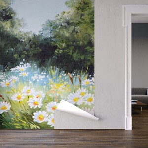 Oil painted floral meadow photo wallpaper, floral landscape mural | Self Adhesive | Peel & Stick | Removable image 5