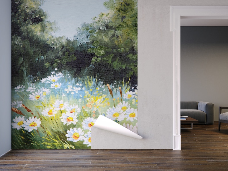Oil painted floral meadow photo wallpaper, floral landscape mural | Self Adhesive | Peel & Stick | Removable image 5