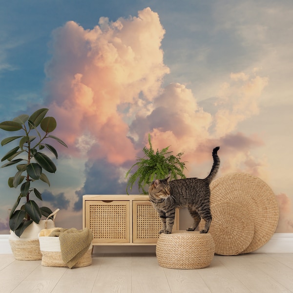 Blue Afternoon Sunset Sky Wallpaper, Orange Clouds Wall Mural • Peel and Stick *self adhesive* or Non-Pasted Vinyl Materials •