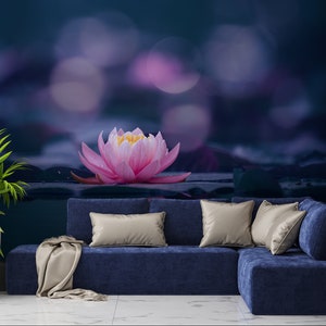 Papier peint nénuphar rose sur fond bleu foncé | Auto-adhésif | Peler et coller | Amovible