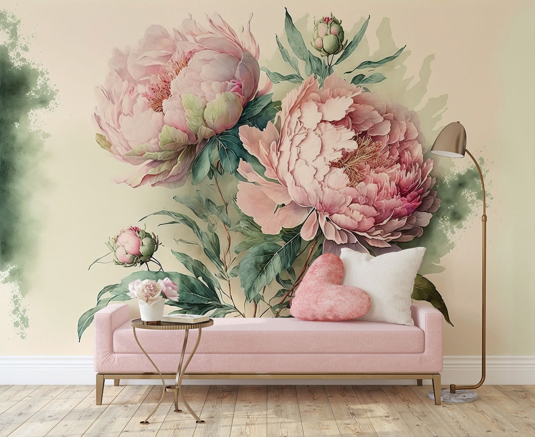 Pink Peony Flowers Wallpaper, Big Pink Floral Wall Mural • Peel and ...