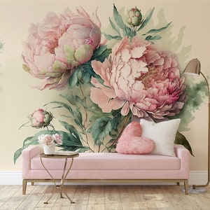 Pink Peony Flowers Wallpaper, Big Pink Floral Wall Mural • Peel and Stick *self adhesive* or Non-Pasted Vinyl Materials •