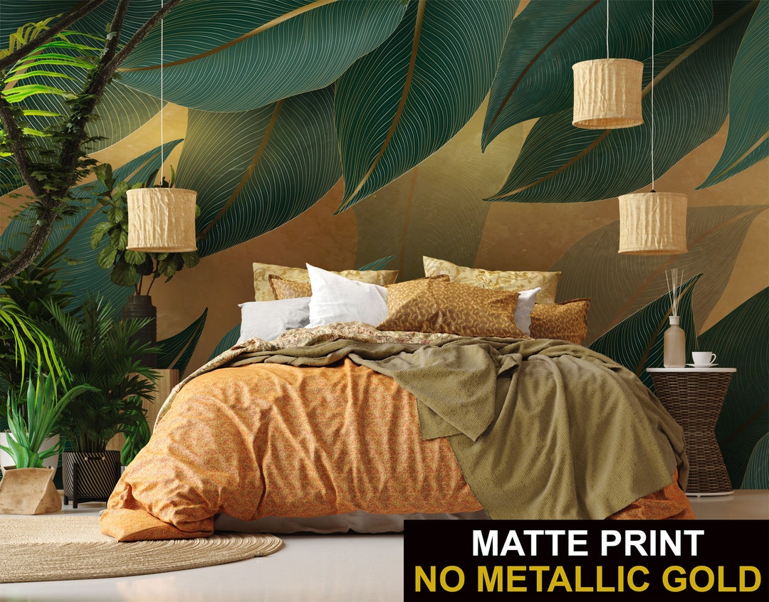 Green Tropical Hanging Leaves Wallpaper Warm Yellow Botanical Etsy