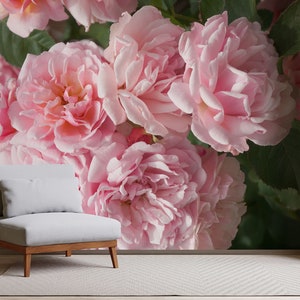 Pink Roses Romantic Photo Wallpaper, Floral Wall Mural, Rose Print • Peel and Stick *self adhesive* or Non-Pasted Vinyl Materials •