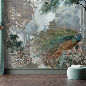 Pfauenvogel Vintage künstlerisches Wandbild, Betonwand, Landschaftstapete • Abziehen und Aufkleben *selbstklebend* oder nicht geklebte Vinylmaterialien •