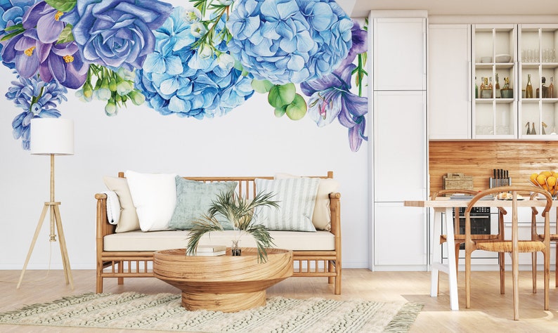 Hanging Flowers Wallpaper, Blue and Purple Rose, Hydrangea and Crocus ...