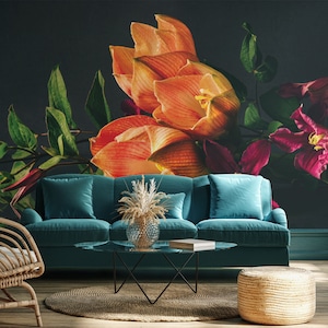 Dark Wallpaper with Bouquet of Flowers, Vintage Floral Wall Mural • Peel and Stick *self adhesive* or Non-Pasted Vinyl Materials •