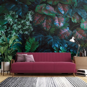 Dark green garden wallpaper, exotic plants, artificial leaves | Self Adhesive | Peel & Stick | Removable Wallpaper