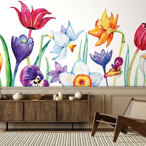 Papier peint aquarelle fleurs de printemps, tulipe, jonquille et fleur de crocus | Auto-adhésif | Décoller et coller | Amovible