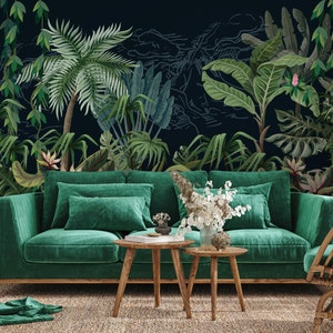 Dark Tropical Jungle Wallpaper Vector Art Exotic Trees and - Etsy