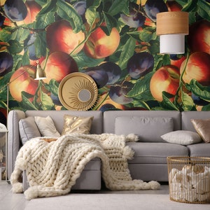 Plum & Peach vintage dutch still life wallpaper | Self Adhesive | Peel and Stick | Removable Wallpaper