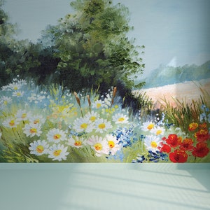 Oil painted floral meadow photo wallpaper, floral landscape mural | Self Adhesive | Peel & Stick | Removable image 2