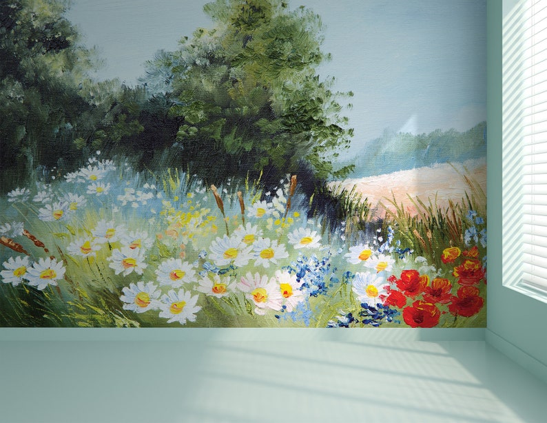 Oil painted floral meadow photo wallpaper, floral landscape mural | Self Adhesive | Peel & Stick | Removable image 2