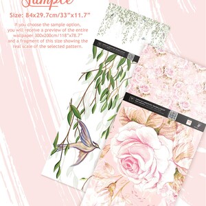 May include: Two rectangular wallpaper samples measuring 33 inches by 11.7 inches. One sample features green willow branches and a bird on a white background. The other sample displays a dense pattern of pink roses on a light pink background.