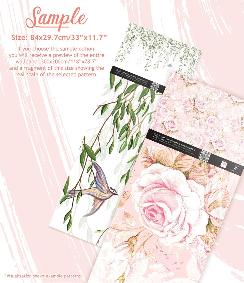 May include: Two rectangular wallpaper samples measuring 33 inches by 11.7 inches. One sample features green willow branches and a bird on a white background. The other sample displays a dense pattern of pink roses on a light pink background.