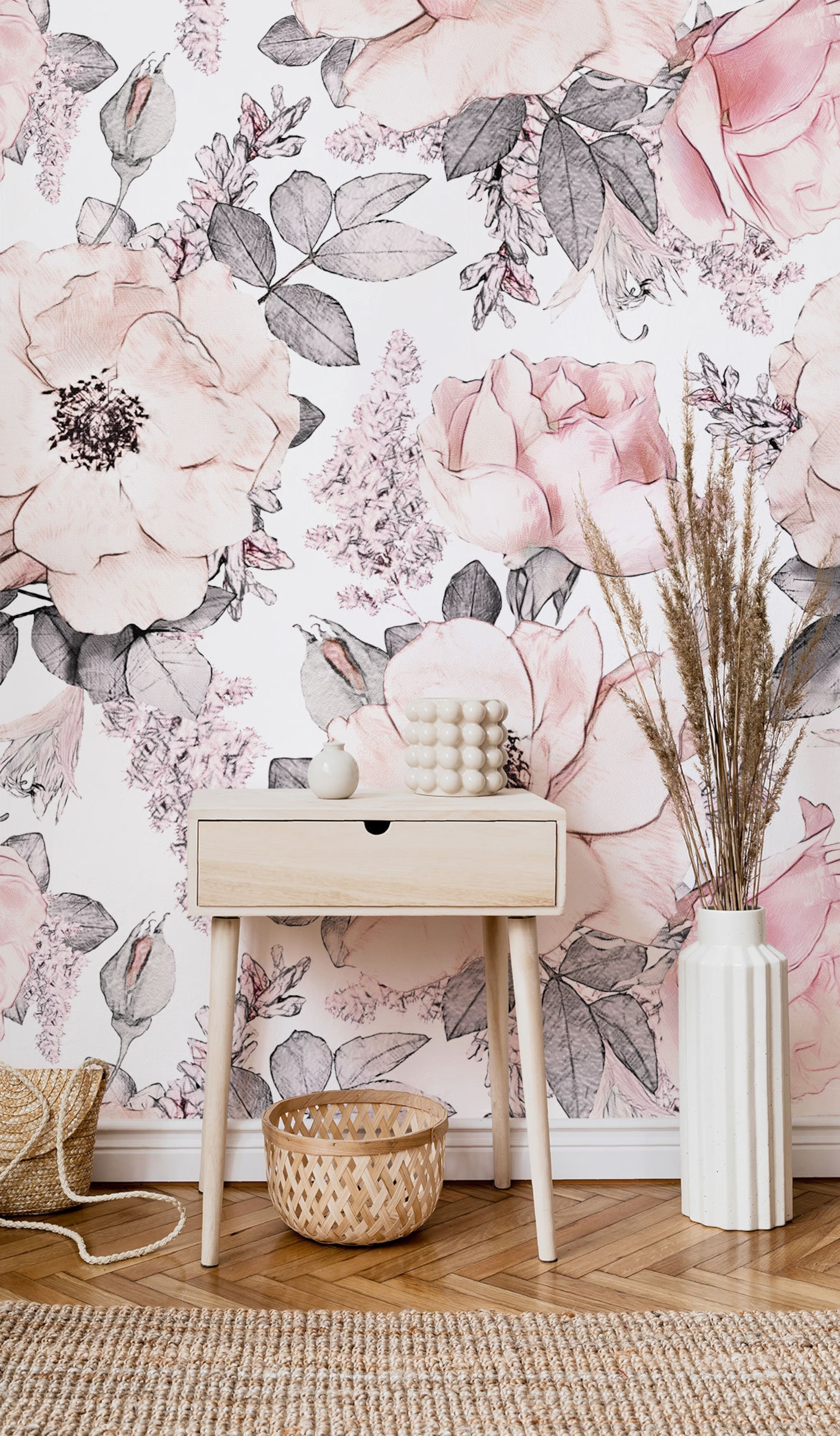 Light Pink Watercolor Rose Flowers Wallpaper, Botanical Floral Wall