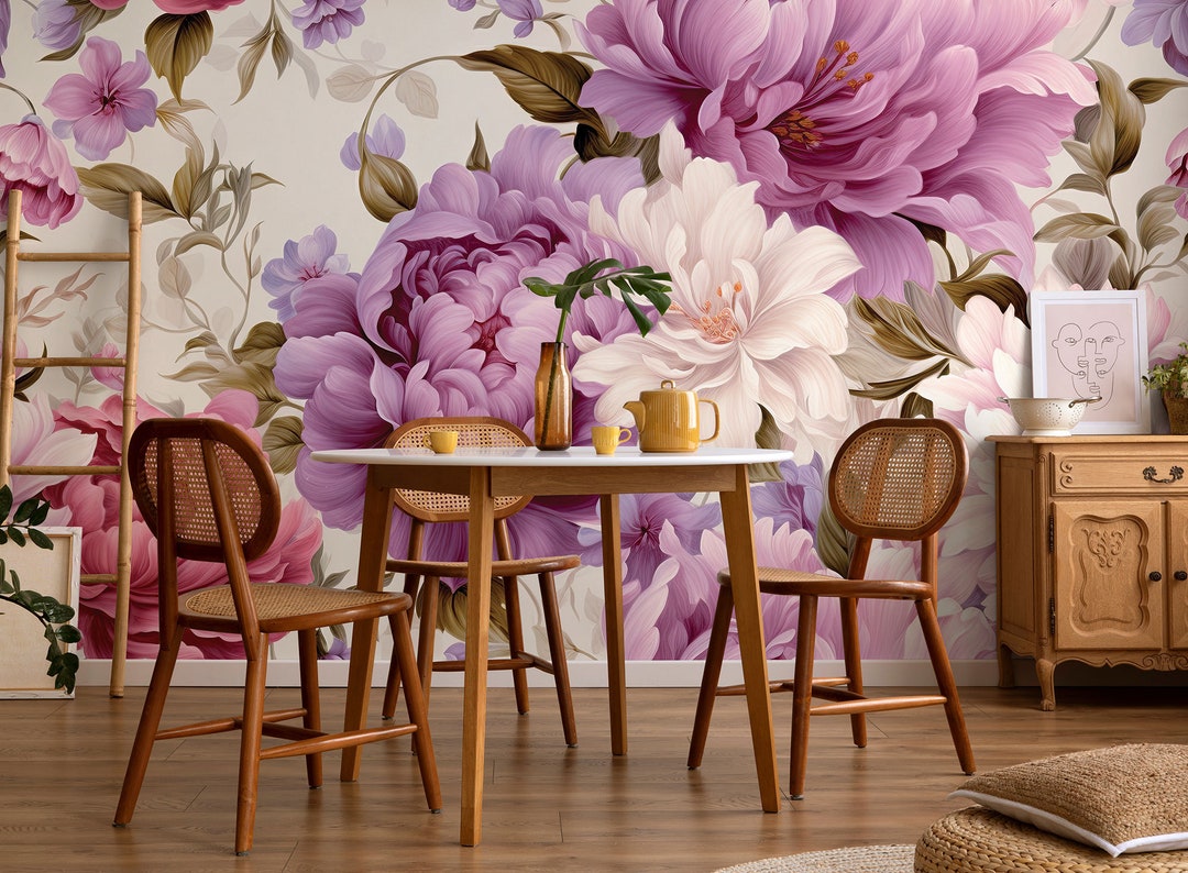 Beautiful Pink & Purple Peony Flowers Wall Mural, Classic Floral ...