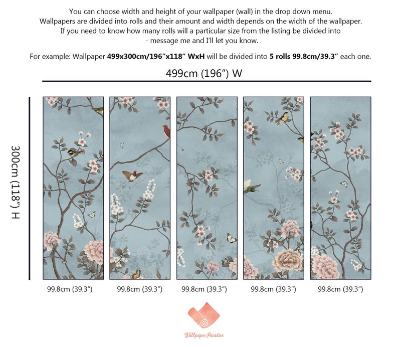 Blue Chinoiserie Wallpaper Bird and Blooming Branch Wall - Etsy