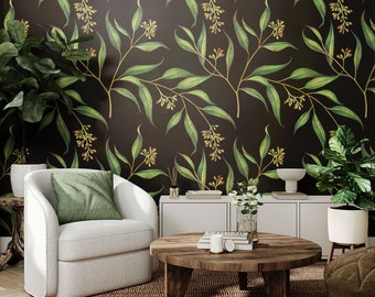Black wallpaper with green leaf motive | Self Adhesive | Peel & Stick | Removable Wallpaper