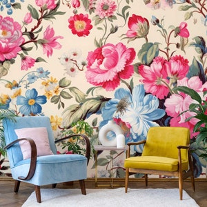 Beautiful Retro Floral Wallpaper, Pink & Blue Blossom Wall Mural • Peel and Stick *self adhesive* or Non-Pasted Vinyl Materials •