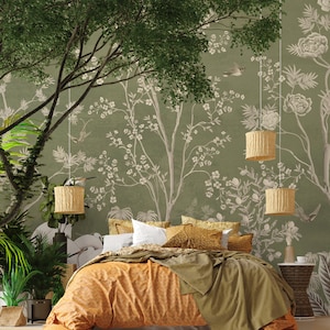 Green and Beige Vintage Chinoiserie Birds and Blooming Branches Wallpaper • Peel and Stick *self adhesive* or Non-Pasted Vinyl Materials •