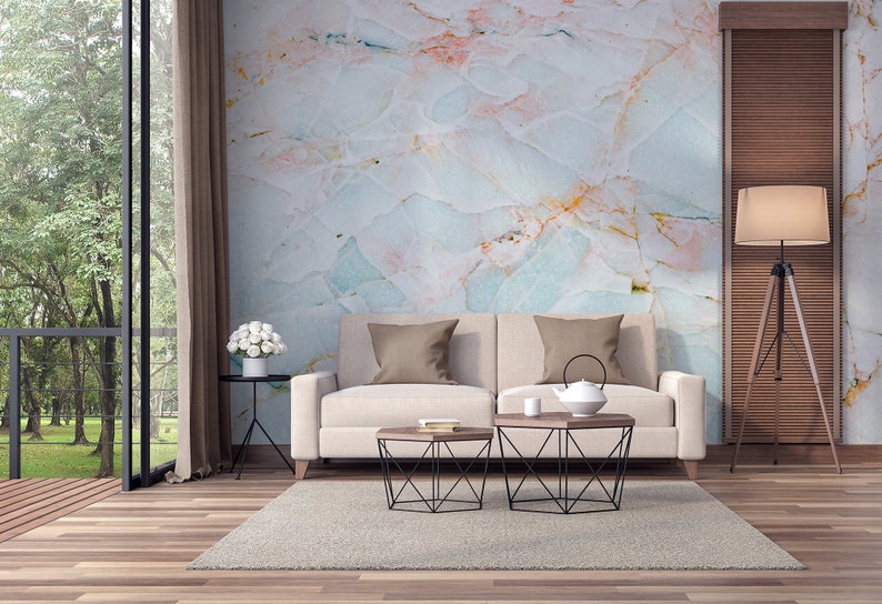 Light Blue Marble Stone Mural, Polished Crystal, Blue Glacier Surface Wallpaper | Self Adhesive | Peel & Stick | Removable image 2