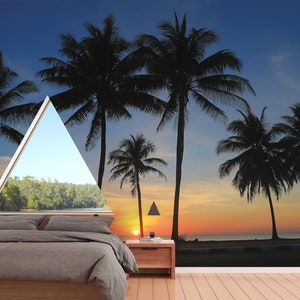 Sunset on island wallpaper, palm trees and blue sky | Self Adhesive | Peel & Stick | Removable
