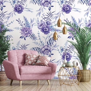 Carta da parati ad acquerello con fiori viola e blu, decorazione murale floreale, stampa botanica Autoadesivo Stacca e attacca Rimovibile immagine 5