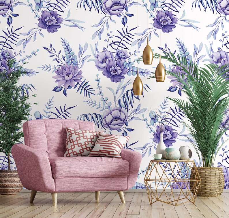 Carta da parati ad acquerello con fiori viola e blu, decorazione murale floreale, stampa botanica Autoadesivo Stacca e attacca Rimovibile immagine 5