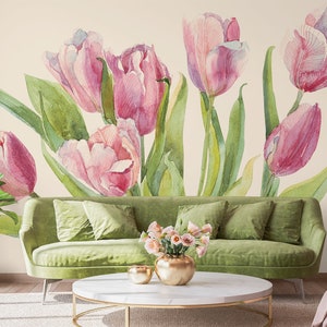 Aquarelle peinte tulipes roses Papier peint | Auto-adhésif | Décoller et coller | Amovible