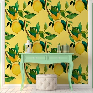 Yellow wallpaper with watercolor lemon | Self Adhesive | Peel & Stick | Removable