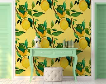 Papel pintado amarillo con limones en acuarela | Autoadhesivo | Fácil de pegar | Removible