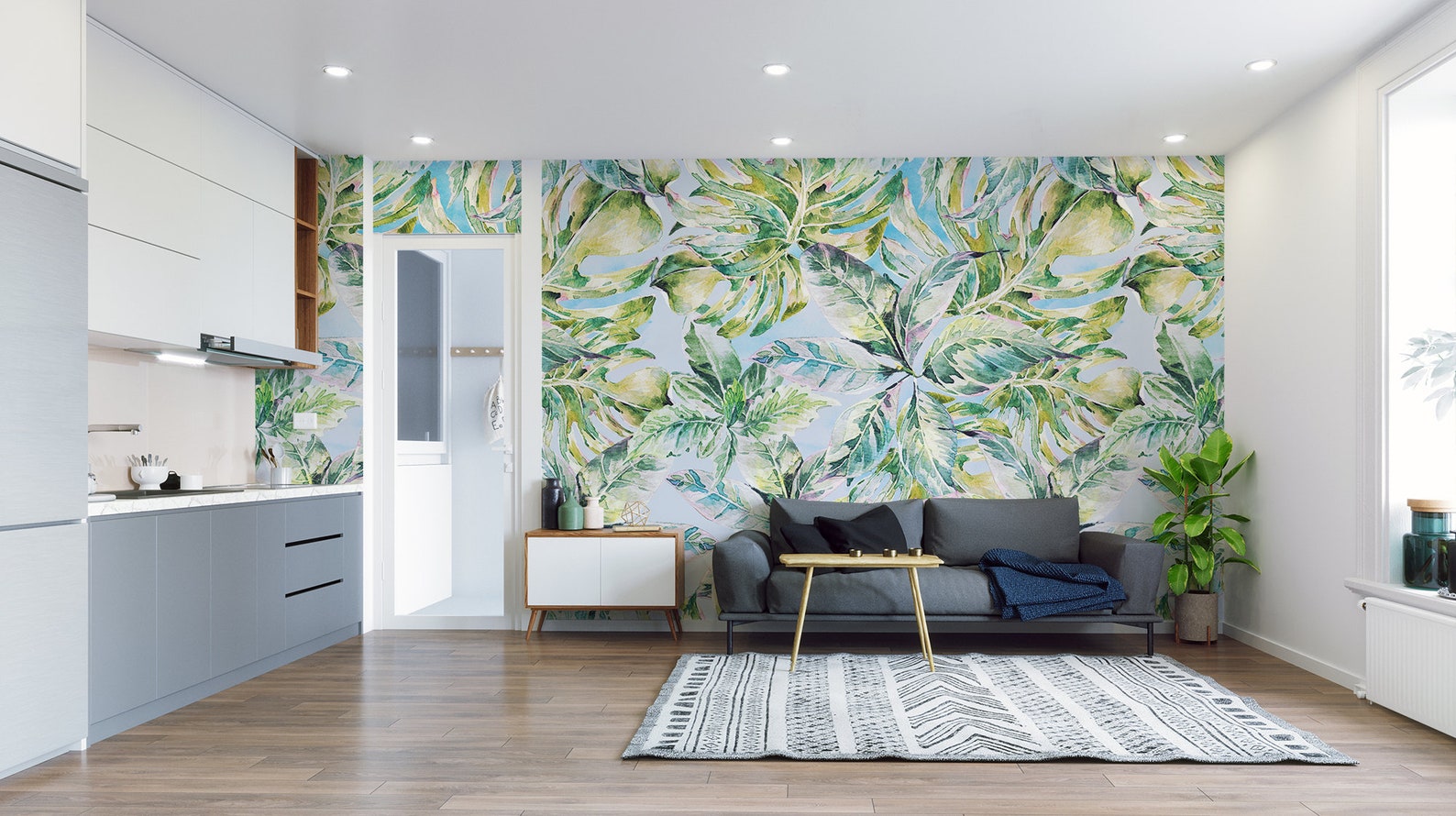 Watercolor Blue & Green Tropical Leaves Botanical Wallpaper | Self ...