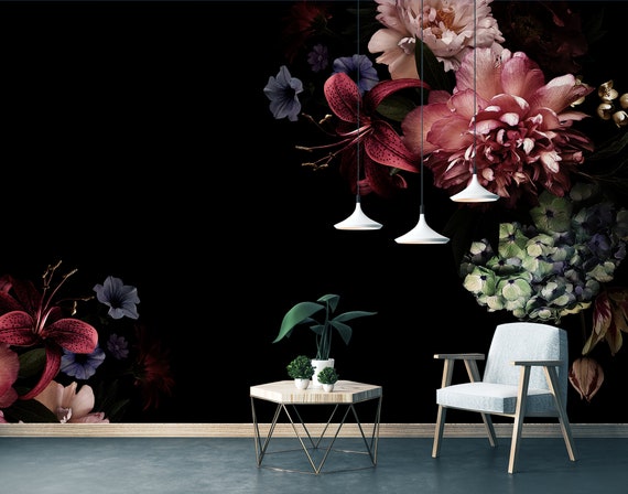 Black wallpaper with floral motive, flowers in corners, hanging flowers mural | Self Adhesive | Peel & Stick | Removable