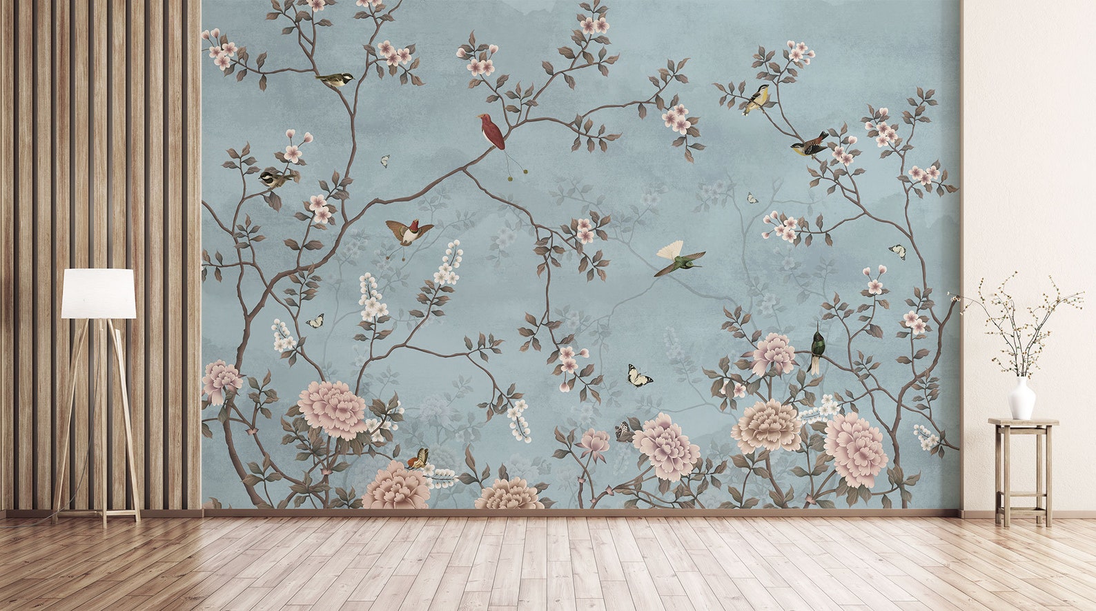 Blue Chinoiserie Wallpaper, Bird and Blooming Branch Wall Mural • Peel ...